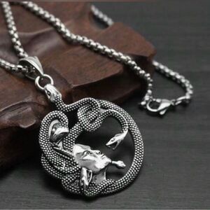 Vintage Inspired Greek Mythological Medusa Necklace, Silver Tone, Textured